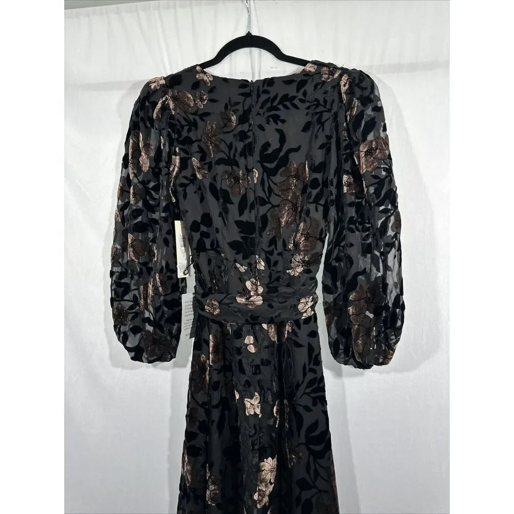 NWT $198 Eliza J [ 0 ] Velvet-Burn Floral Puff Sleeve High Low Dress Black #J238